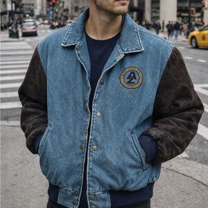 Vintage Arizona Jean Company Denim & Suede Bomber Jacket | 80s 90s Logo Varsity